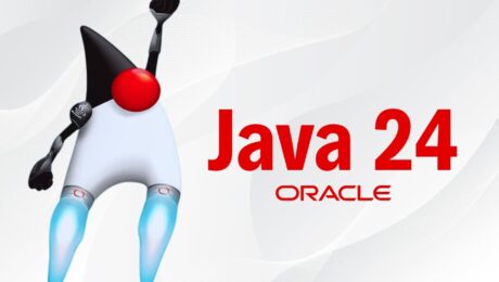 Imagen promocional del lanzamiento de Java 24 por Oracle. Se muestra la icónica mascota Duke en posición de vuelo con propulsores encendidos, junto al texto “Java 24 - Oracle” en letras rojas sobre un fondo claro con ondas sutiles.